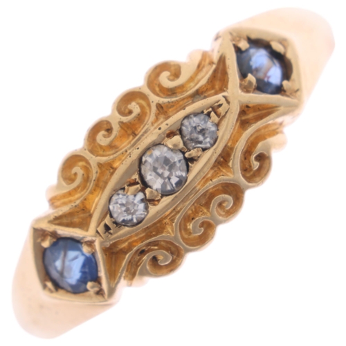 1284 - An Antique 18ct gold five stone sapphire and diamond half hoop ring, indistinct maker, Chester 1904,... 