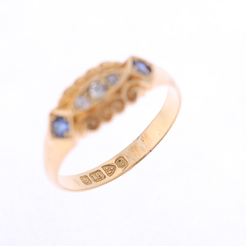 1284 - An Antique 18ct gold five stone sapphire and diamond half hoop ring, indistinct maker, Chester 1904,... 