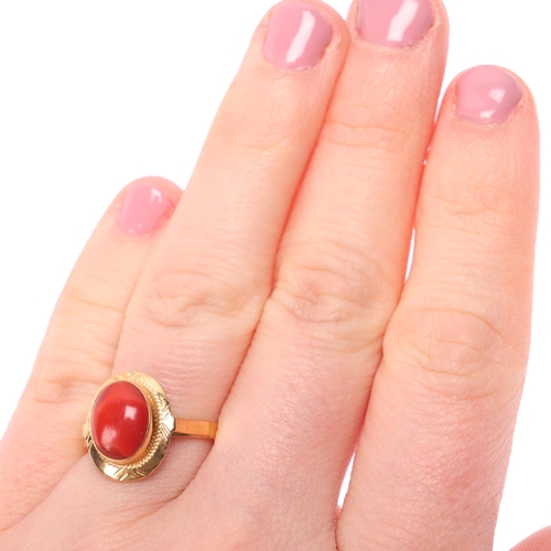 1290 - An Italian 18ct gold coral dress ring, setting height 14mm, size N, 3.1g