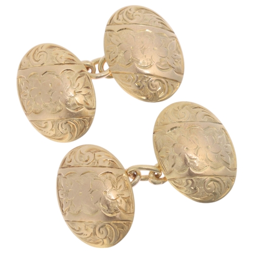 1292 - A pair of Antique 9ct gold cufflinks, by G H Johnstone & Co, Birmingham 1904, oval convex panels wit... 