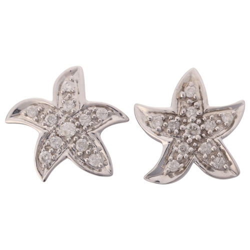 1298 - A pair of 9ct white gold diamond starfish stud earrings, maker DK, Birmingham 2007, set with modern ... 