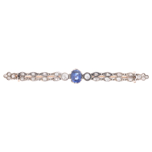 1299 - An Antique 14ct rose gold synthetic sapphire and diamond bar brooch, set with oval-cut synthetic sap... 