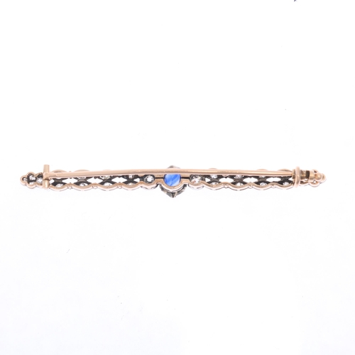 1299 - An Antique 14ct rose gold synthetic sapphire and diamond bar brooch, set with oval-cut synthetic sap... 