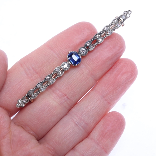 1299 - An Antique 14ct rose gold synthetic sapphire and diamond bar brooch, set with oval-cut synthetic sap... 