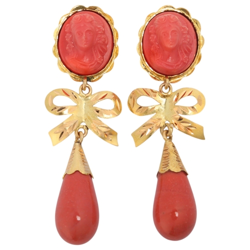 1301 - A pair of 18ct gold Victorian Revival faux composition coral cameo drop earrings, relief moulded fem... 