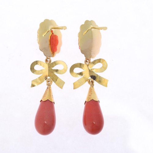 1301 - A pair of 18ct gold Victorian Revival faux composition coral cameo drop earrings, relief moulded fem... 