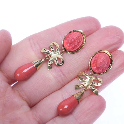 1301 - A pair of 18ct gold Victorian Revival faux composition coral cameo drop earrings, relief moulded fem... 