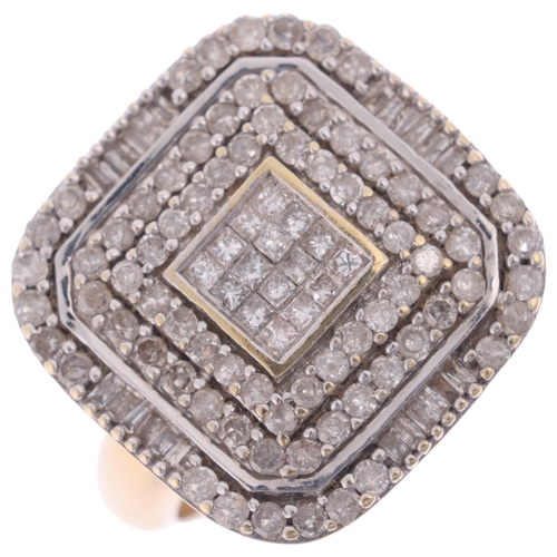 1314 - A 9ct gold diamond cluster platinum ring, set with Princess baguette and single-cut diamonds, settin... 