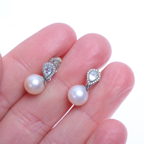 1325 - A pair of 9ct white gold pearl aquamarine and diamond drop stud earrings, set with 7.8mm pearls susp... 