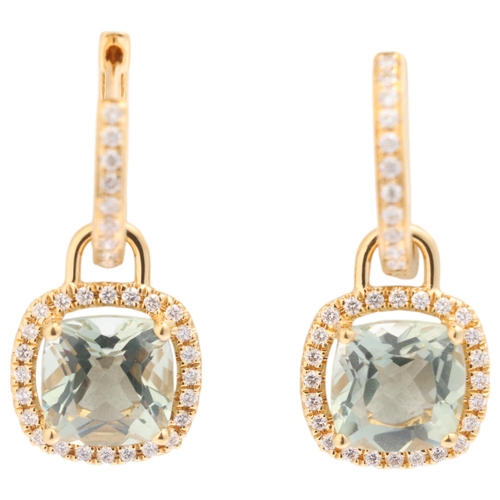 1331 - KIKI MCDONOUGH - a pair of 18ct gold green amethyst and diamond drop earrings, each halo cluster set... 