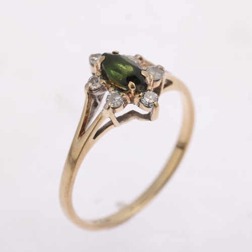 1332 - A 9ct gold green tourmaline and diamond marquise cluster ring, maker SJ, London 1982, setting height... 