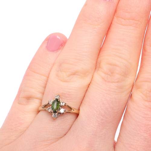 1332 - A 9ct gold green tourmaline and diamond marquise cluster ring, maker SJ, London 1982, setting height... 