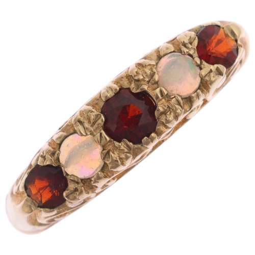 1333 - A 9ct gold five stone garnet and opal half hoop ring, maker J&J, London 1992, setting height 5mm, si... 