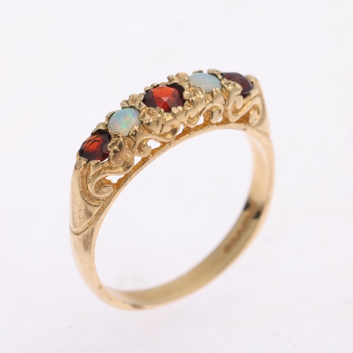 1333 - A 9ct gold five stone garnet and opal half hoop ring, maker J&J, London 1992, setting height 5mm, si... 