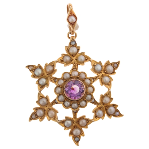 1337 - An Antique Victorian 15ct gold amethyst and split pearl floral star pendant/brooch, set with round-c... 