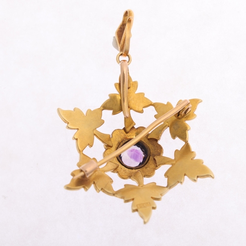 1337 - An Antique Victorian 15ct gold amethyst and split pearl floral star pendant/brooch, set with round-c... 