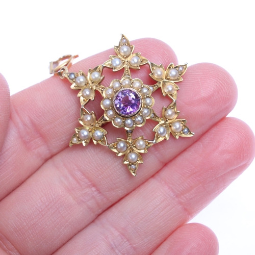 1337 - An Antique Victorian 15ct gold amethyst and split pearl floral star pendant/brooch, set with round-c... 