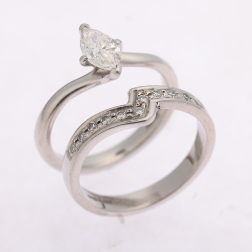 1338 - A platinum diamond bridal engagement set, comprising 0.6ct marquise-cut single stone diamond ring, a... 