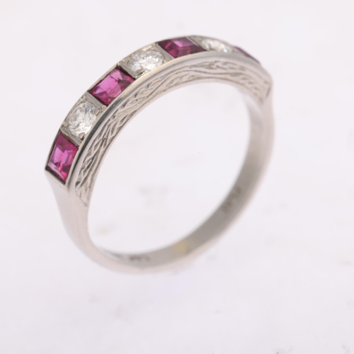 1340 - CROPP & FARR - an Art Deco platinum seven stone ruby and diamond half eternity ring, set with square... 