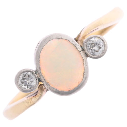 1341 - An 18ct gold three stone opal and diamond crossover ring, rub over set with oval cabochon opal and o... 