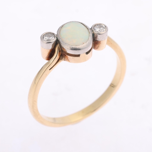 1341 - An 18ct gold three stone opal and diamond crossover ring, rub over set with oval cabochon opal and o... 