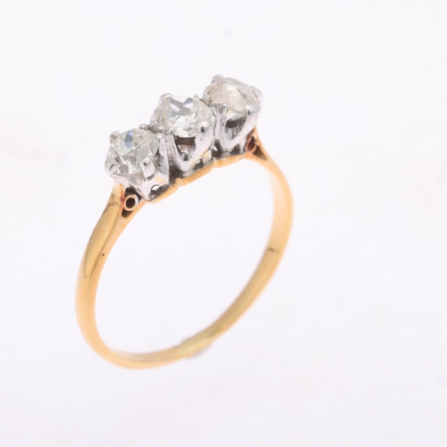 1344 - An Antique 18ct gold three stone diamond ring, claw set with old-cut diamonds, total diamond content... 