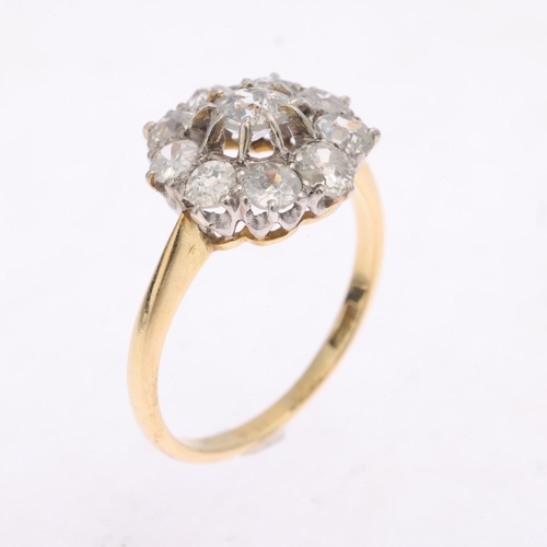 1348 - An Antique 18ct gold diamond target cluster ring, set with old-cut diamonds, total diamond content a... 