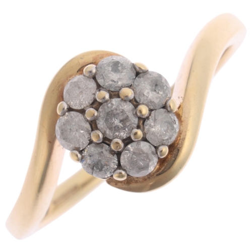 1351 - A 9ct gold diamond flowerhead cluster crossover ring, maker JWBR, London 2013, set with modern round... 