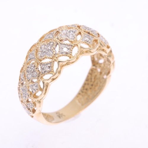 1352 - A Continental 9ct gold diamond openwork band ring, pave set with single-cut diamonds, setting height... 