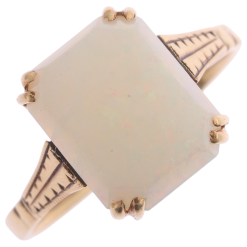 1354 - A Vintage 9ct gold single stone opal dress ring, set with rectangular cabochon opal, setting height ... 