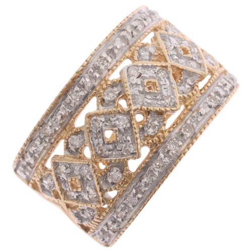 1355 - A 9ct gold diamond openwork band ring, maker OP, no Birmingham date letter, pave set with single-cut... 