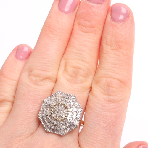 1356 - A 9ct gold diamond spiderweb cluster plaque ring, London 2019, pave set with baguette and single-cut... 