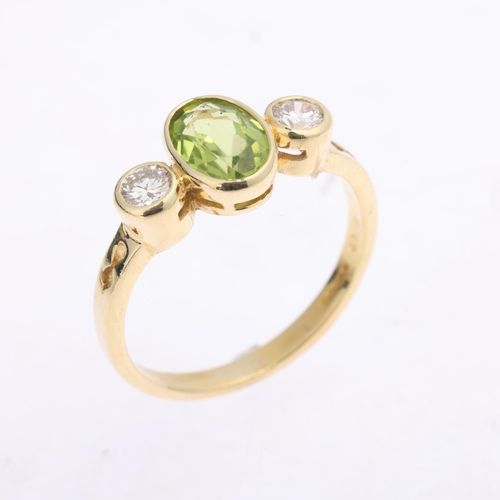 1360 - An 18ct gold three stone peridot and diamond ring, maker PP Ltd, Birmingham 1986, rub over set with ... 