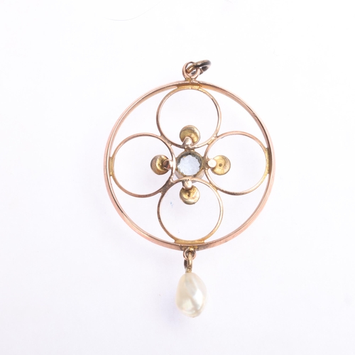 1364 - An Antique Edwardian 9ct rose gold aquamarine and pearl openwork pendant, unmarked mount tests as 9c... 