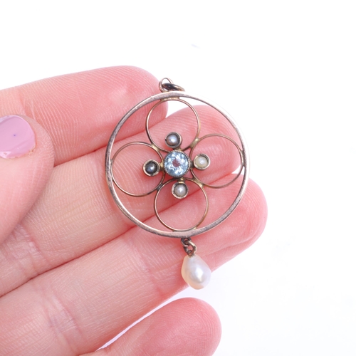 1364 - An Antique Edwardian 9ct rose gold aquamarine and pearl openwork pendant, unmarked mount tests as 9c... 