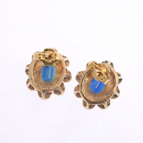 1371 - A pair of 9ct gold sapphire and diamond cluster stud earrings, import Birmingham 1985, claw set with... 