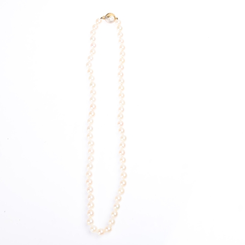 1388 - A single-strand pearl bead necklace, set with 6.5mm pearls and 18ct two-colour gold diamond Yin and ... 