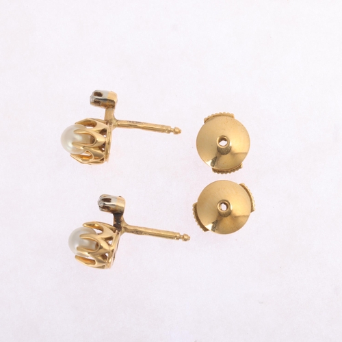 1391 - A pair of French 18ct gold pearl and diamond stud earrings, each basket set with 3.9mm pearl and ros... 