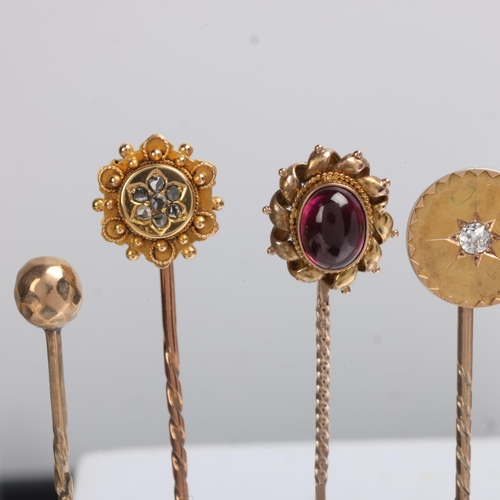 1395 - 7 Antique stickpins, including Victorian Etruscan Revival 15ct rose-cut diamond example, rampant lio... 