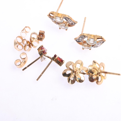 1402 - 3 pairs of 9ct gold gem set stud earrings, including blue zircon, 3.9g gross (3 pairs)