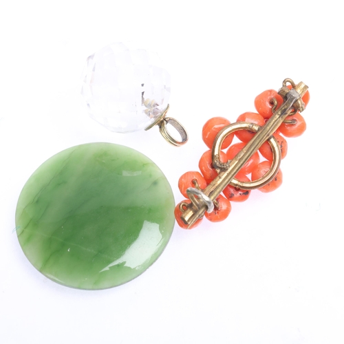 1403 - Various jewellery, including Antique Victorian button coral brooch, 32.3mm, nephrite panel, 27.1mm, ... 