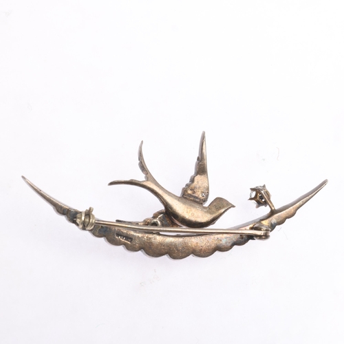 1407 - A Antique Victorian sterling silver paste bird and crescent moon brooch, 64.8mm, 10.7g