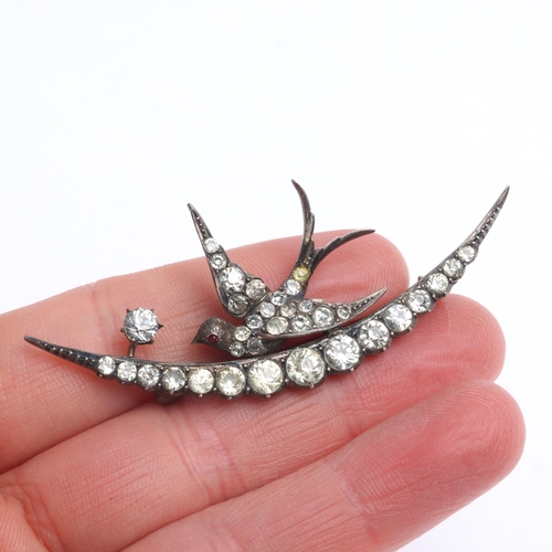 1407 - A Antique Victorian sterling silver paste bird and crescent moon brooch, 64.8mm, 10.7g