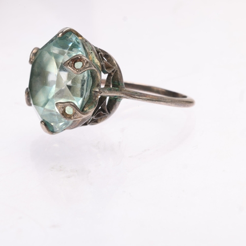 1408 - An Art Deco silver blue zircon dress ring, set with 17.2mm round-cut zircon, unmarked mount tests as... 