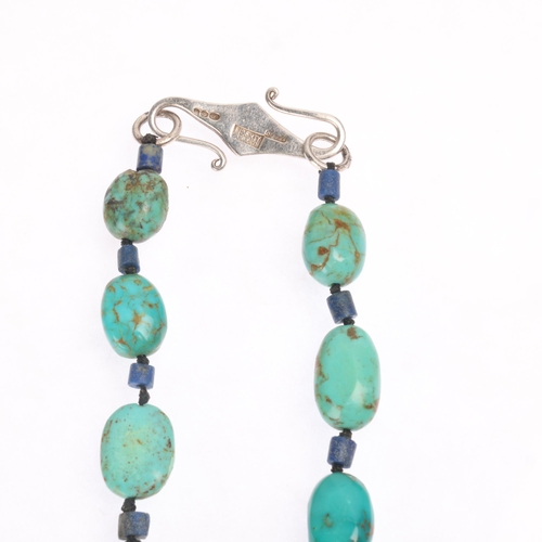 1409 - LIBERTY & CO - a Vintage sterling silver turquoise and lapis lazuli 'Liberty Amuleti' bead necklace,... 