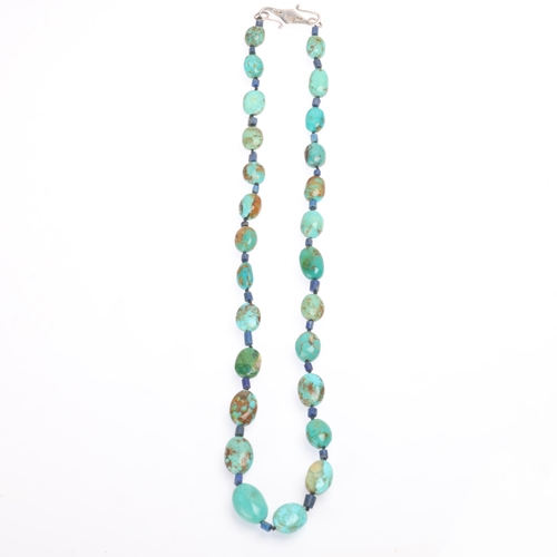 1409 - LIBERTY & CO - a Vintage sterling silver turquoise and lapis lazuli 'Liberty Amuleti' bead necklace,... 