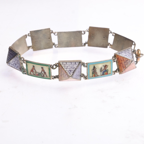 1411 - An Art Deco Egyptian silver and enamel 'Pyramid' panel bracelet, band width 10mm, 19cm, 20.4g