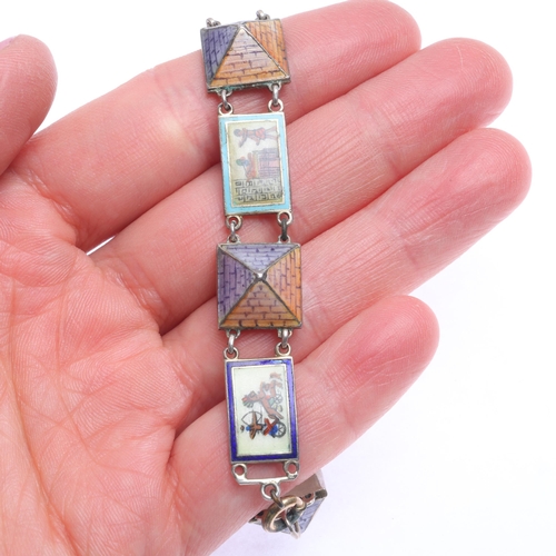 1411 - An Art Deco Egyptian silver and enamel 'Pyramid' panel bracelet, band width 10mm, 19cm, 20.4g