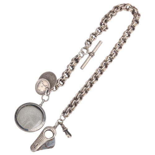 1429 - An Antique heavy silver belcher link Albert chain necklace, with silver cigar cutter fob, unmarked p... 