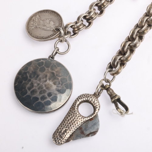 1429 - An Antique heavy silver belcher link Albert chain necklace, with silver cigar cutter fob, unmarked p... 